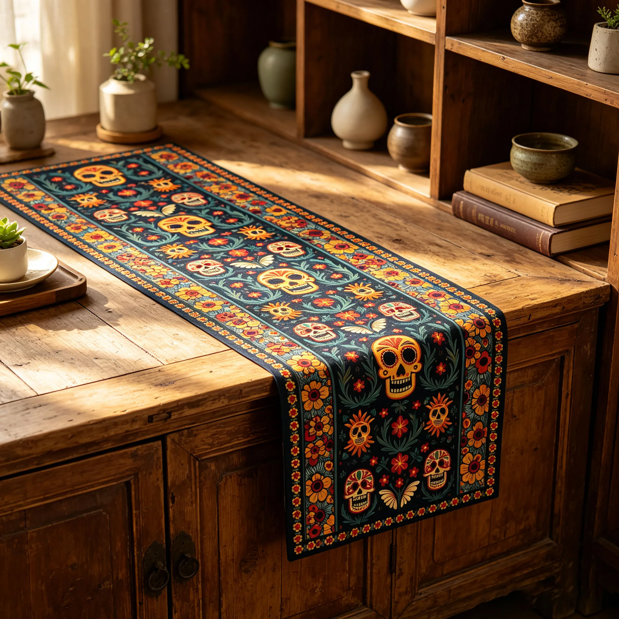 Mexican Day of The Dead Linen Table Runner Mexican Day of The Dead Flowers & Birds Home Decor Dia De Los Muertos Party Decoratio