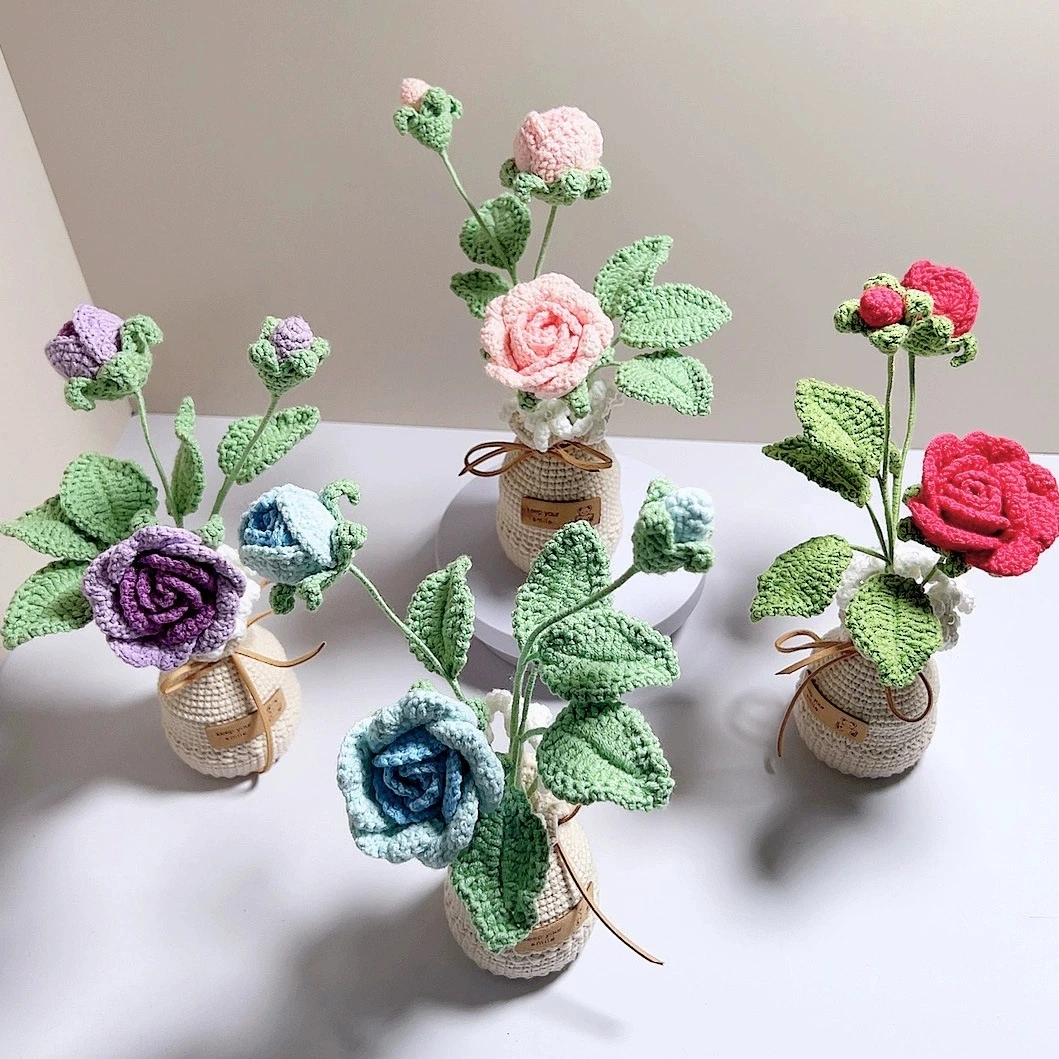 

Knitting Rose Vase Decoration Home Decor Girlfriend Gift Wool Crochet Artificial Flowers Exquisite Knit Flower Table Ornaments