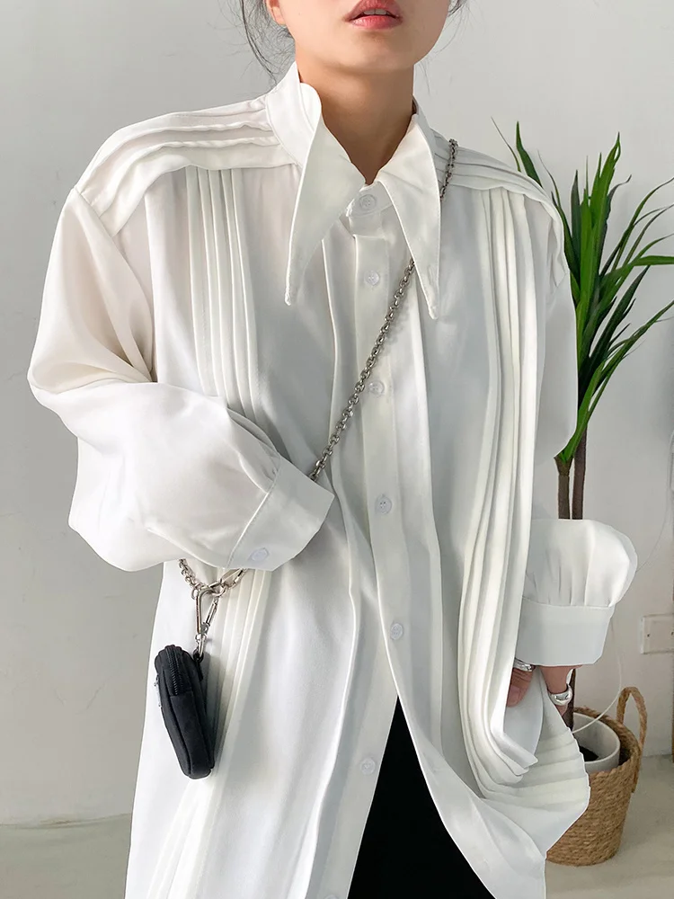 [EAM] Women White Pleated Big Size Elegant Blouse New Lapel Long Sleeve Loose Fit Shirt Fashion Tide Spring Autumn 2024 1DF0359