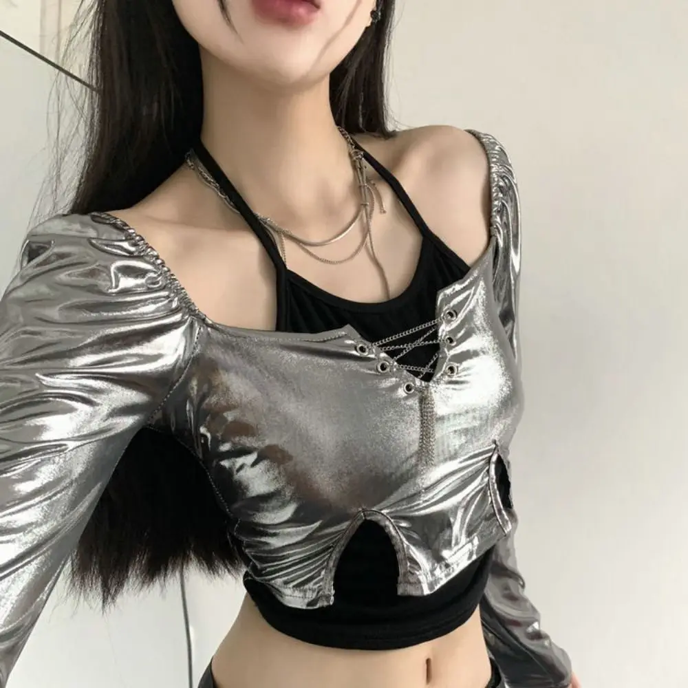 

Korean Glossy Long Sleeve T Shirt Ins Pullover Fake Two-pieces Shirts Patchwork Undershirts Neck Halter Top Spring