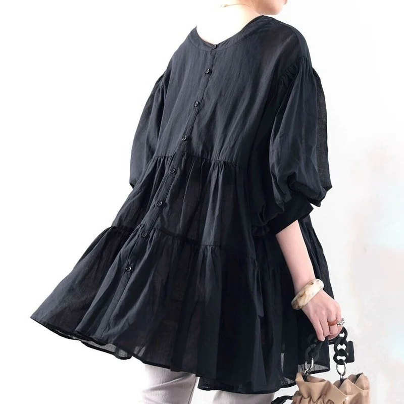 Kuzuwata Solid Color Lantern Sleeve Shirt Women Summer Japanse Mid-Length Blouse Chic Casual Temperament Slim Round Neck Blusa