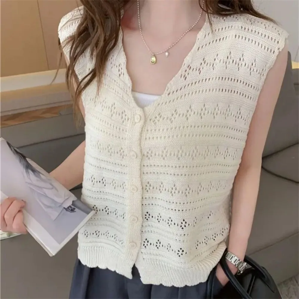 Modische, durchbrochene Strickjacke mit V-Ausschnitt, dünne, sonnenschützende Oberteile, ärmellose, lässige Oberbekleidung für Damen – Detail 2
