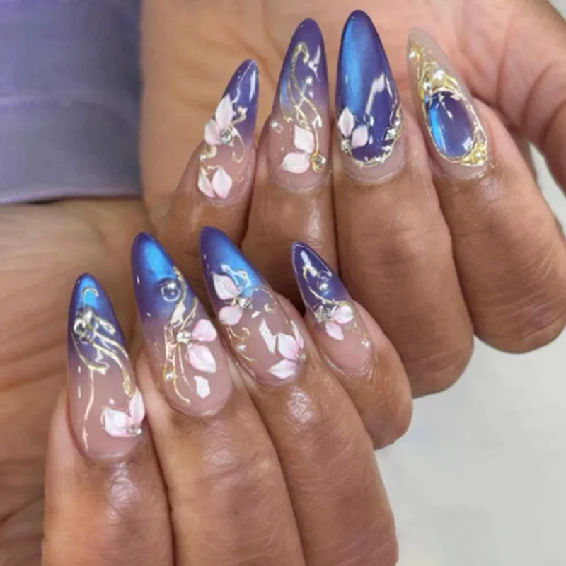 24Pcs Cat's Eye Gradient with Gilded Lines Nails Set Press on Fantasy Flower False Nails Wearable for Girl Long Almond Fake Nail