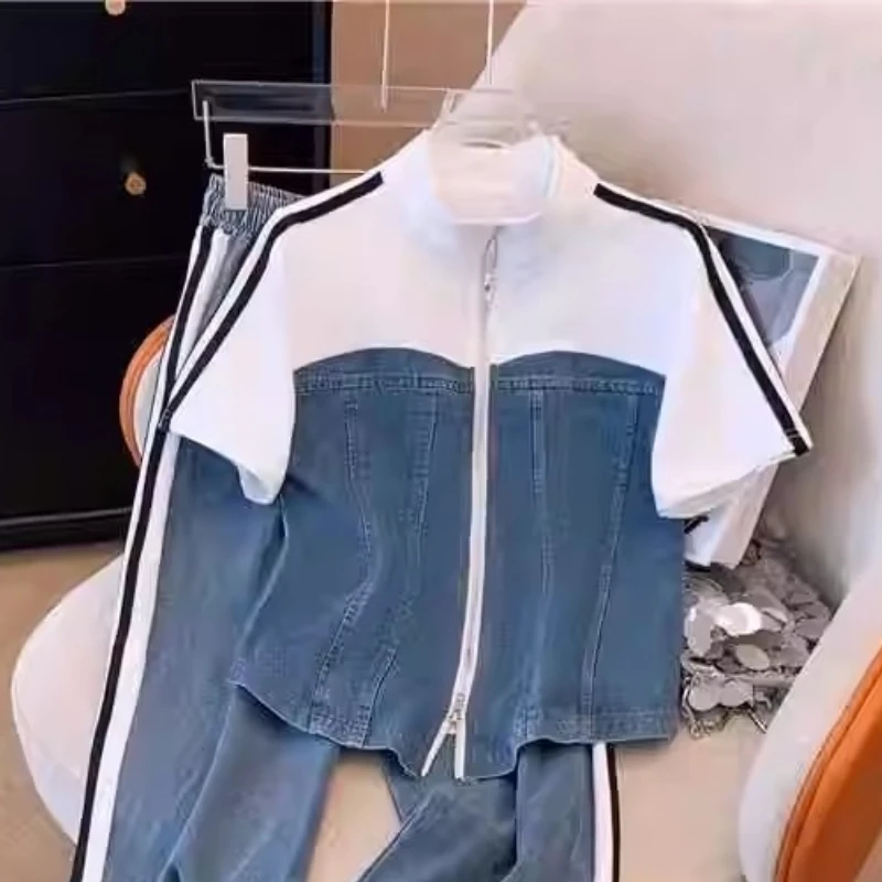 مجموعة بناطيل رجالي النساء قطعتين مجموعات الدنيم لصق سستة مطابقة مجموعات رداء علوي غير رسمي واسعة الساق السراويل الطويلة الدانتيل يصل مرونة الخصر 2025