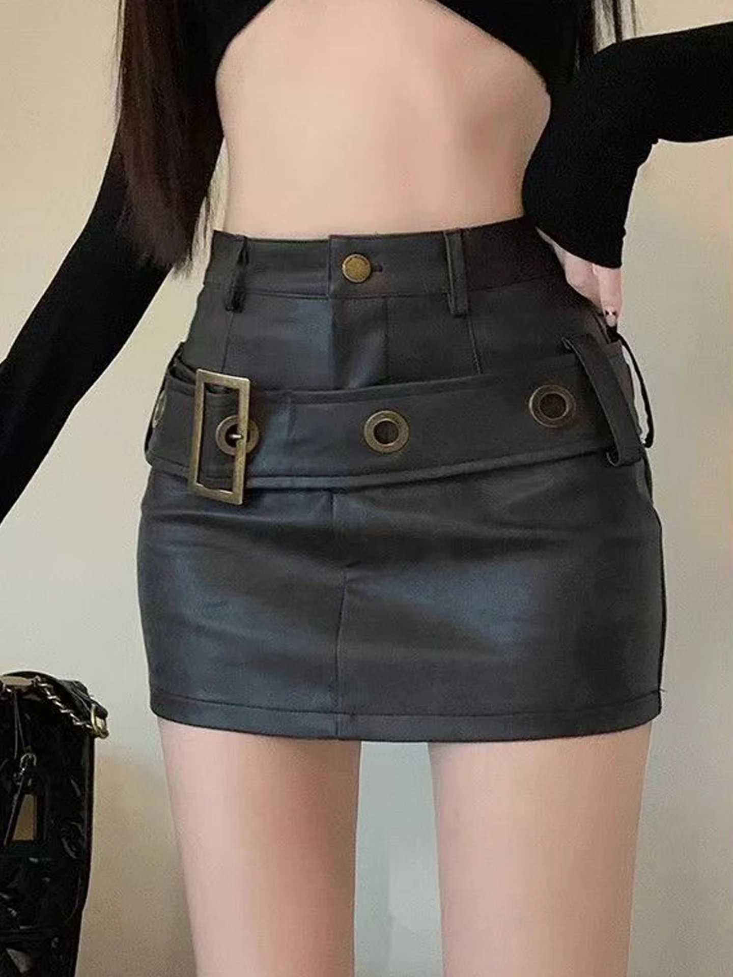 Design Sensual Pure Desire Leather Skirt High Waist Belt Sexy Wrap Short Skirt Women Autumn New Style Half-length Skirt