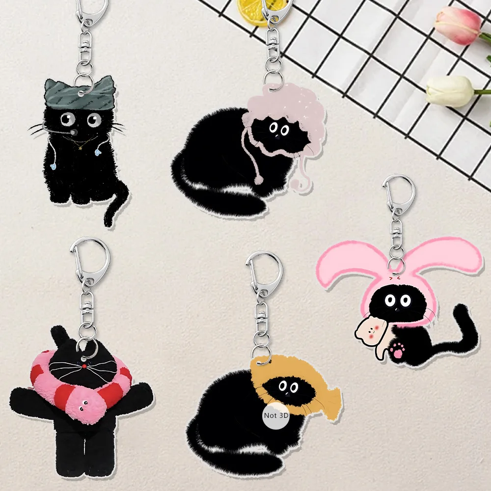 Hot Cute Little Black Cartoon Cat Animals Acrylic Keychains Keyring for Accessories Bag Pendant Keyring Jewelry Friends Gifts