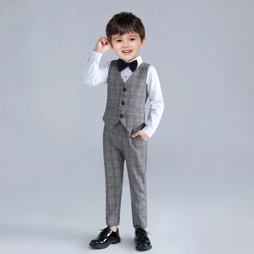 2025 Hot Sale Boys Suits 4 Pieces Jacket Vest Pants Bow-tie Formal Comfortable Kids Plaid Suit Set In Stock For Birthday Party