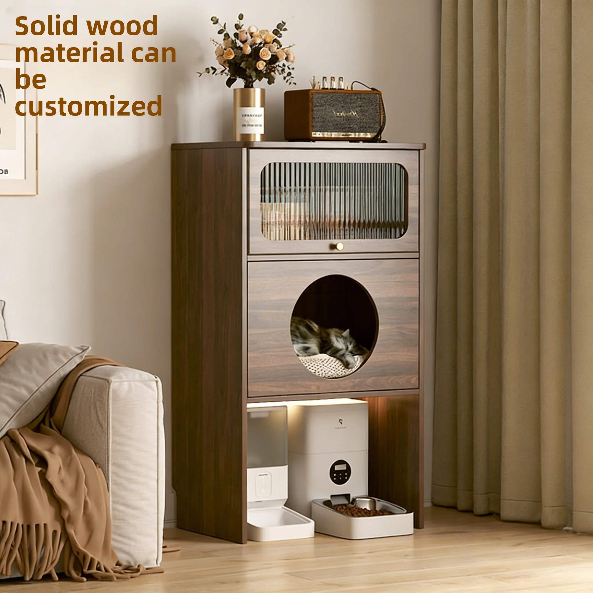 

Solid Wood Cat Litter Box Cabinet with Storage Shelves for Cats Pet Furniture for Living Room Balcony Sofa Side Dustproof