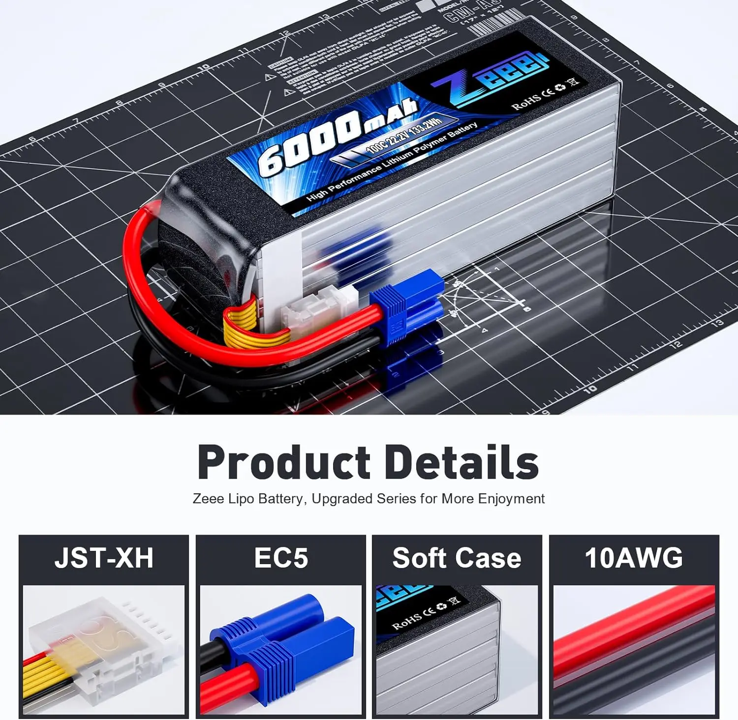 Zeee 6S 6000mAh Lipo Battery 22.2V 100C Softcase with EC5 Plug Lipo Battery for RC Car RC Airplane RC Helicopter RC Model Parts