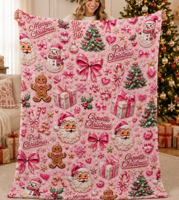 Pink Christmas Blanket, Coquette Christmas Throw, Pink Santa Claus Blanket Christmas Decor, Retro Xmas Gift Cozy Holiday Blanket