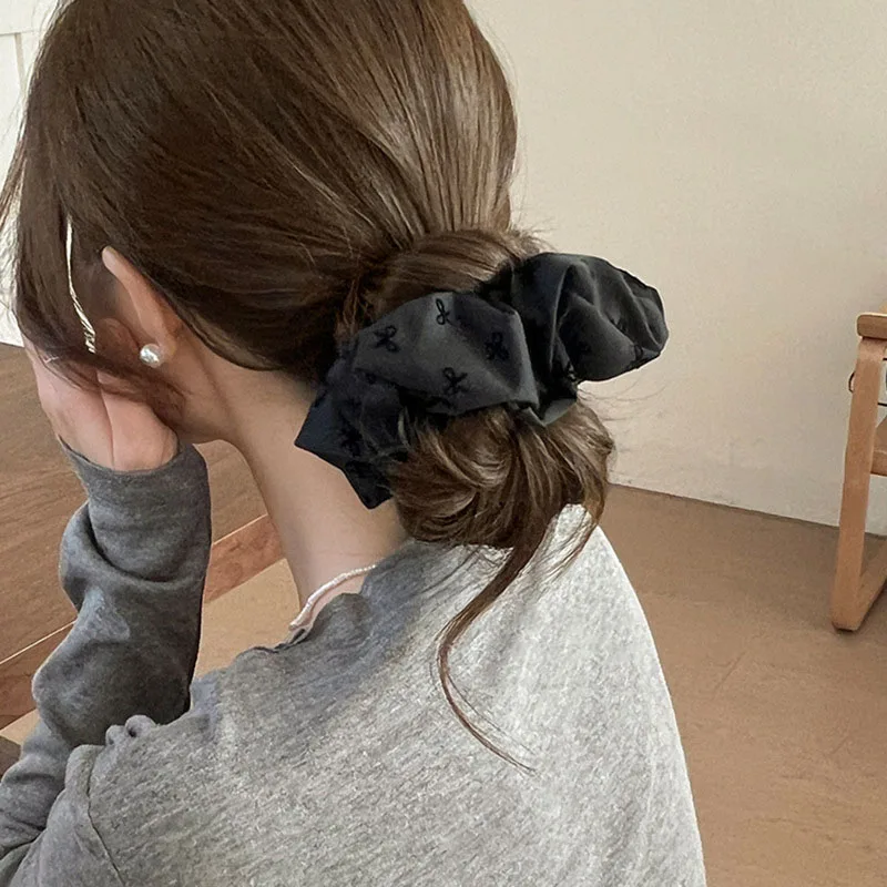 AISHG Polka Dot Hair Ties Rope Women Large Size Heart Bowknot Printed Scrunchies Grey Black Hairband Ponytail Holder Headwear image 5