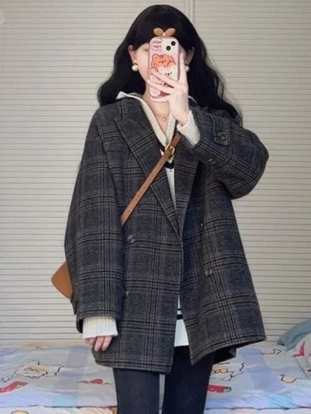 

Laid-ba Корейское шерстяное пальто длиной миди с клетчатым узором Маленькая верхняя одежда Fraance Sle Теплая женская одежда прямого кроя...