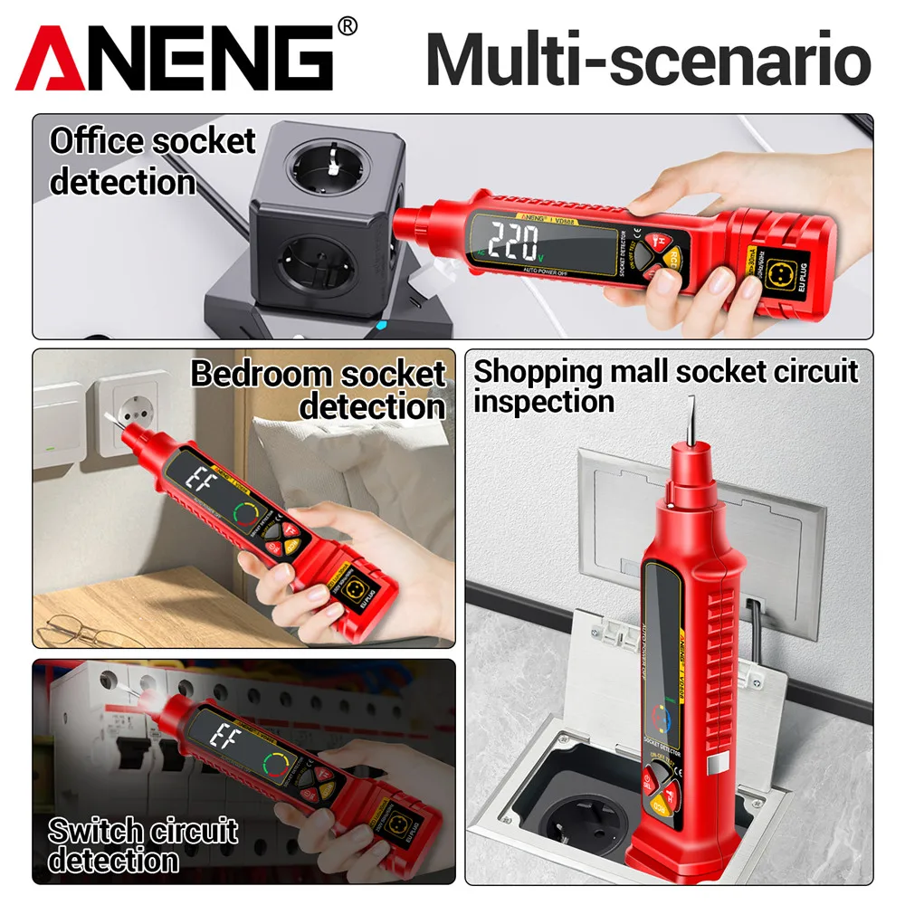 ANENG VD808 Presa Misuratore di fase Test di perdite Spina USA/UE Polarità di potenza Tester di tensione Penna Interruttore automatico Analizzatore Strumenti