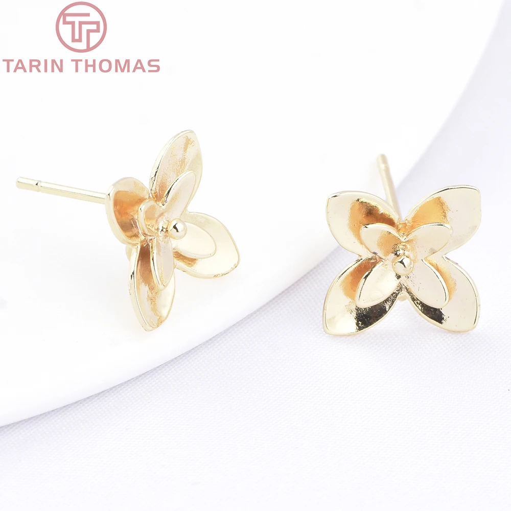 (10006) 10PCS 10.5MM 18K Gold Color Brass Double Layered Flower Shaped Stud Earrings High Quality Diy Jewelry Making Findings