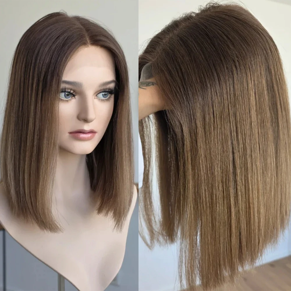 Blonde Balayage Synthetic Wig  =Short Bob Cut Ombre Brown Lace Front Wig For Women Daily Party Cosplay Wigs Heat Resistant Fiber