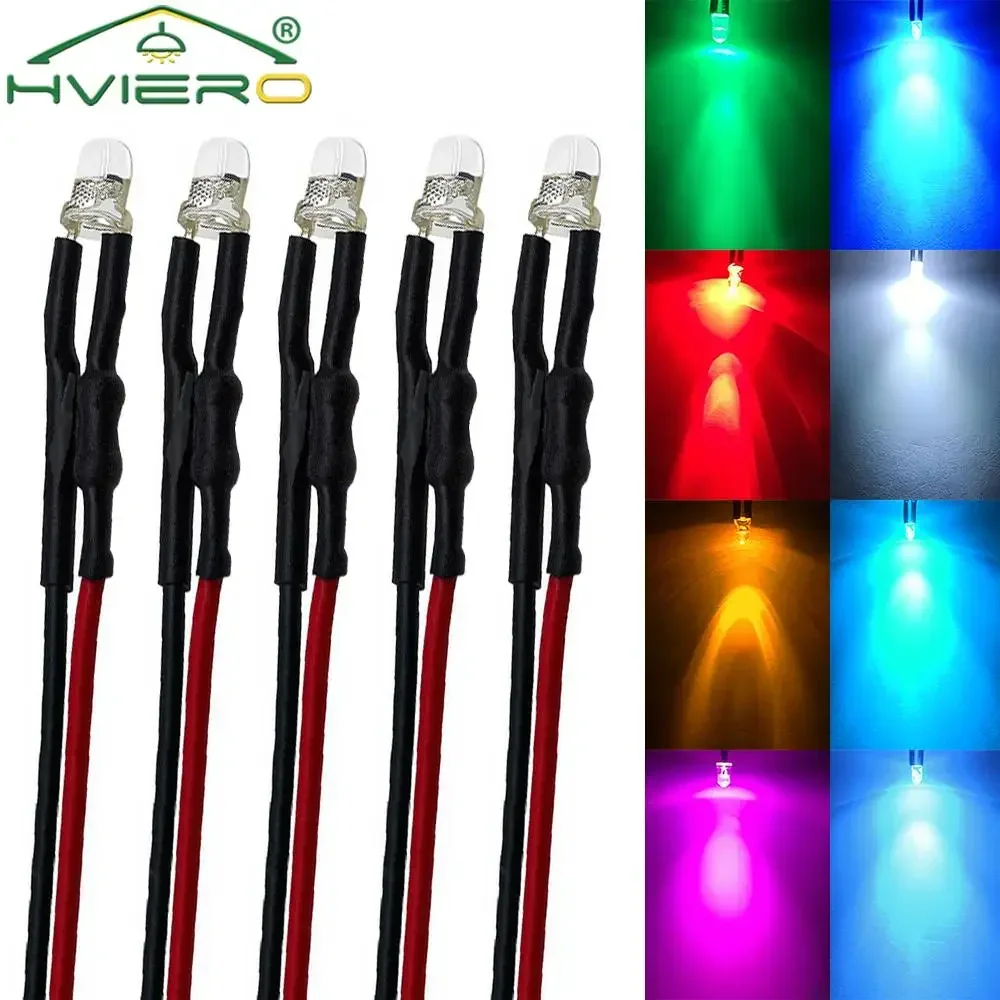 5X Pre Wired LED Round Light Bulb Chip Beads Cable Mini F3 3mm 20cm DC 12V White Warm Red Green Blue Yellow Emitting Diodes Lamp