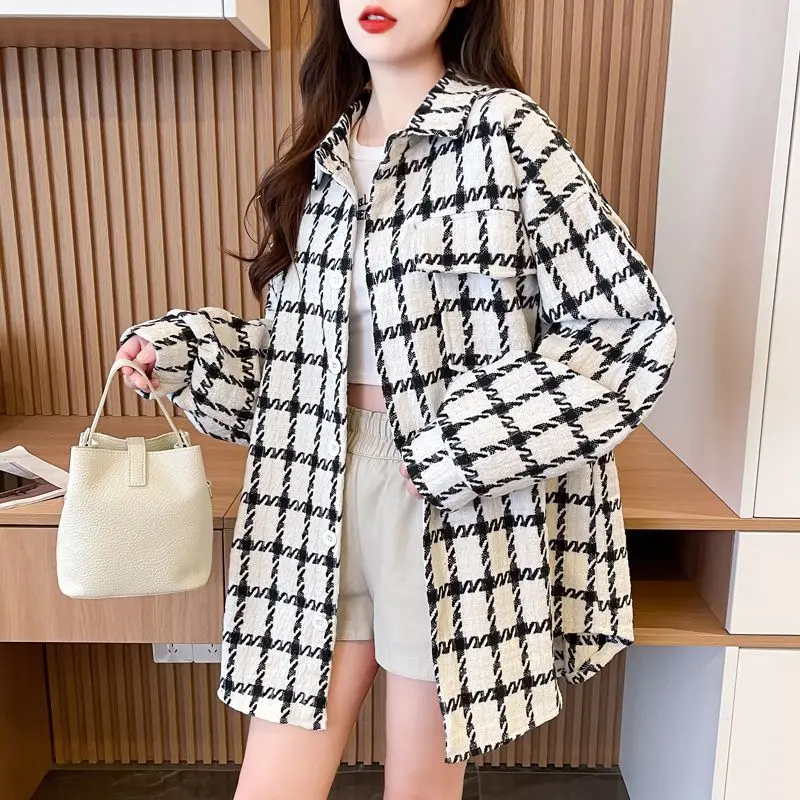Women 2025 Polo Neck Shirts Autumn New Girl Slim Belly Covering Women Mid-length Retro Plaid Shirts Top Outerwear Spring