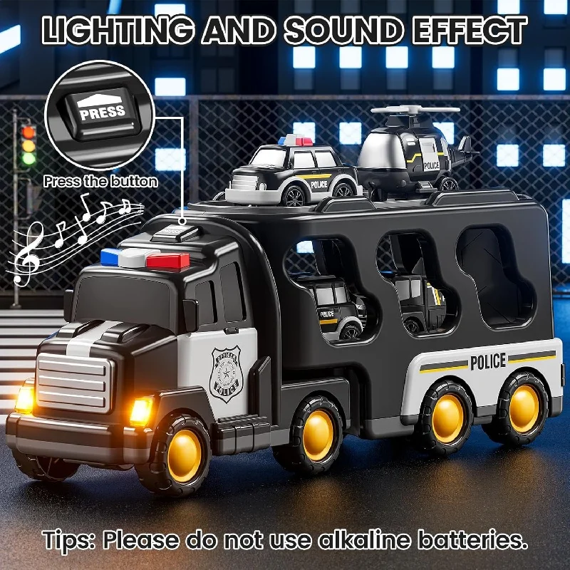 Ensemble de jouets de véhicule d'ingénierie de voiture de police équipé de musique LED avec 3 petites voitures 1 hélicoptère cadeau de puzzle sensoriel d'anniversaire pour enfants