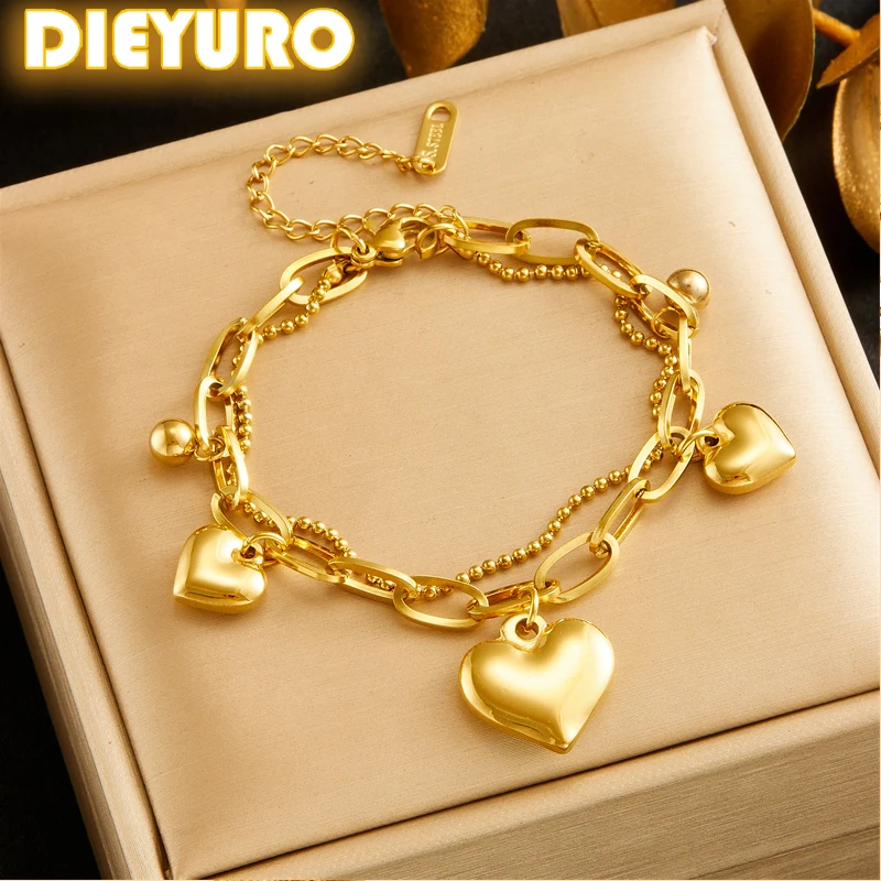 DIEYURO 316L Stainless Steell Double Layered Heart Bracelet Women 2024 New Trend Non-fading Golden Love Hand Chain Jewelry Gift