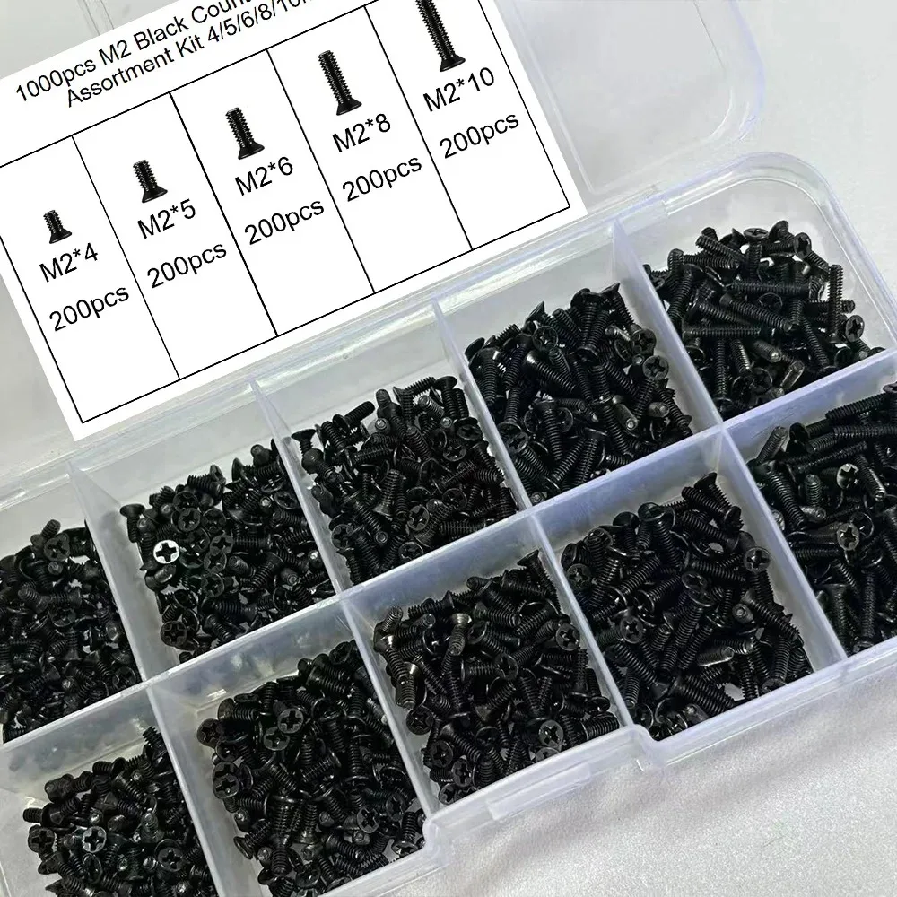 1000 Piece Black Phillips Head Screw Sorting Kit M2 (4/5/6/8/10mm), for Computers,Tablets, Home Appliances, Toys and Accessories