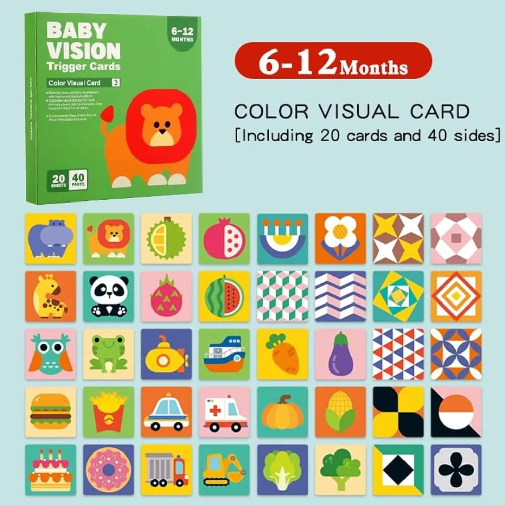 48 Baby Kontrastkarten – Schwarz-Weiß & Bunt, Für Visuelle Stimulation 0-12 Monate (14x14 Cm)