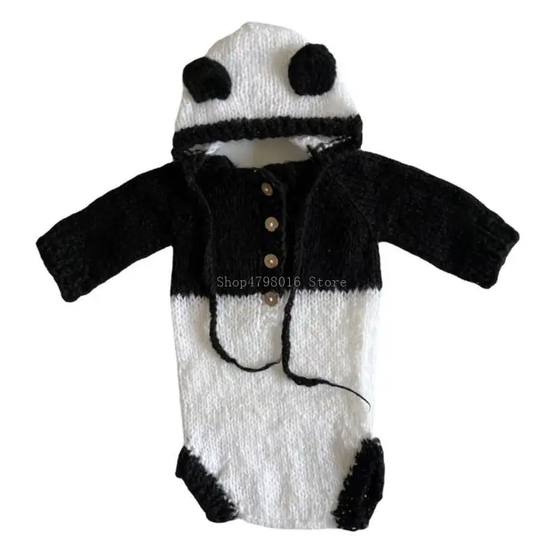 

Infant Photoshooting Props Soft Knitted Romper Panda Ear Cap Newborn Shower Gift