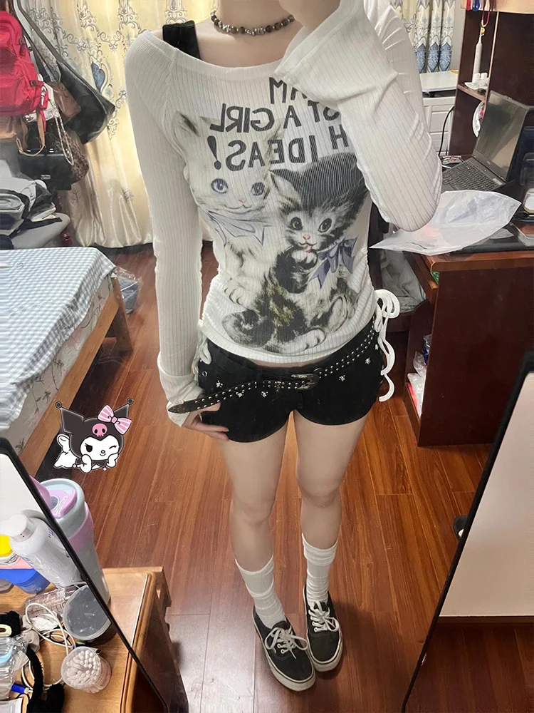 Camiseta Retro americana fiti de un solo hombro para mujer, camiseta larga adelgazante de verano, protección solar, fina, marca fresca Faion