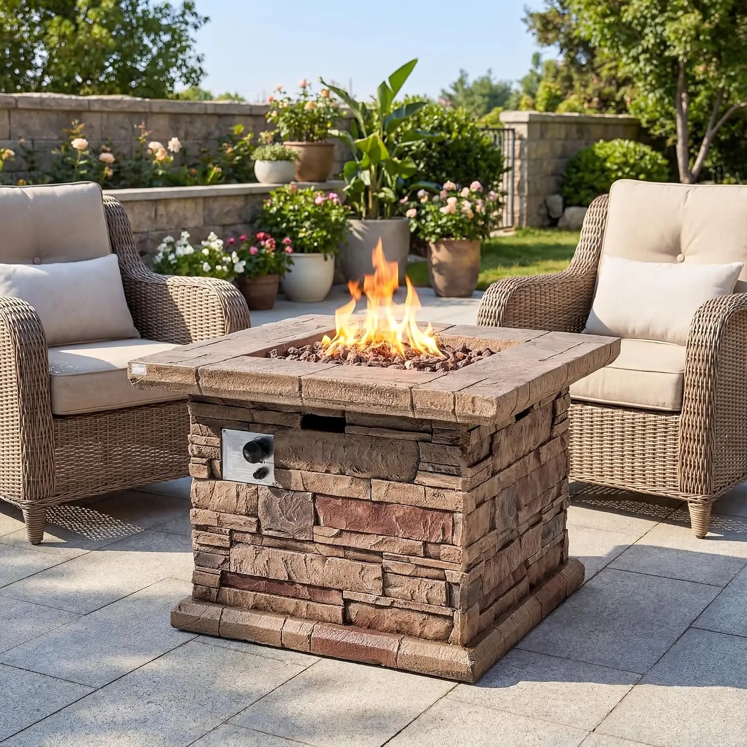 Outdoor Propane Fire Pit Table w Faux Brown Ledgestone 32-inch Square Fire Table, Certified, 50,000 BTU Stainless, Customized