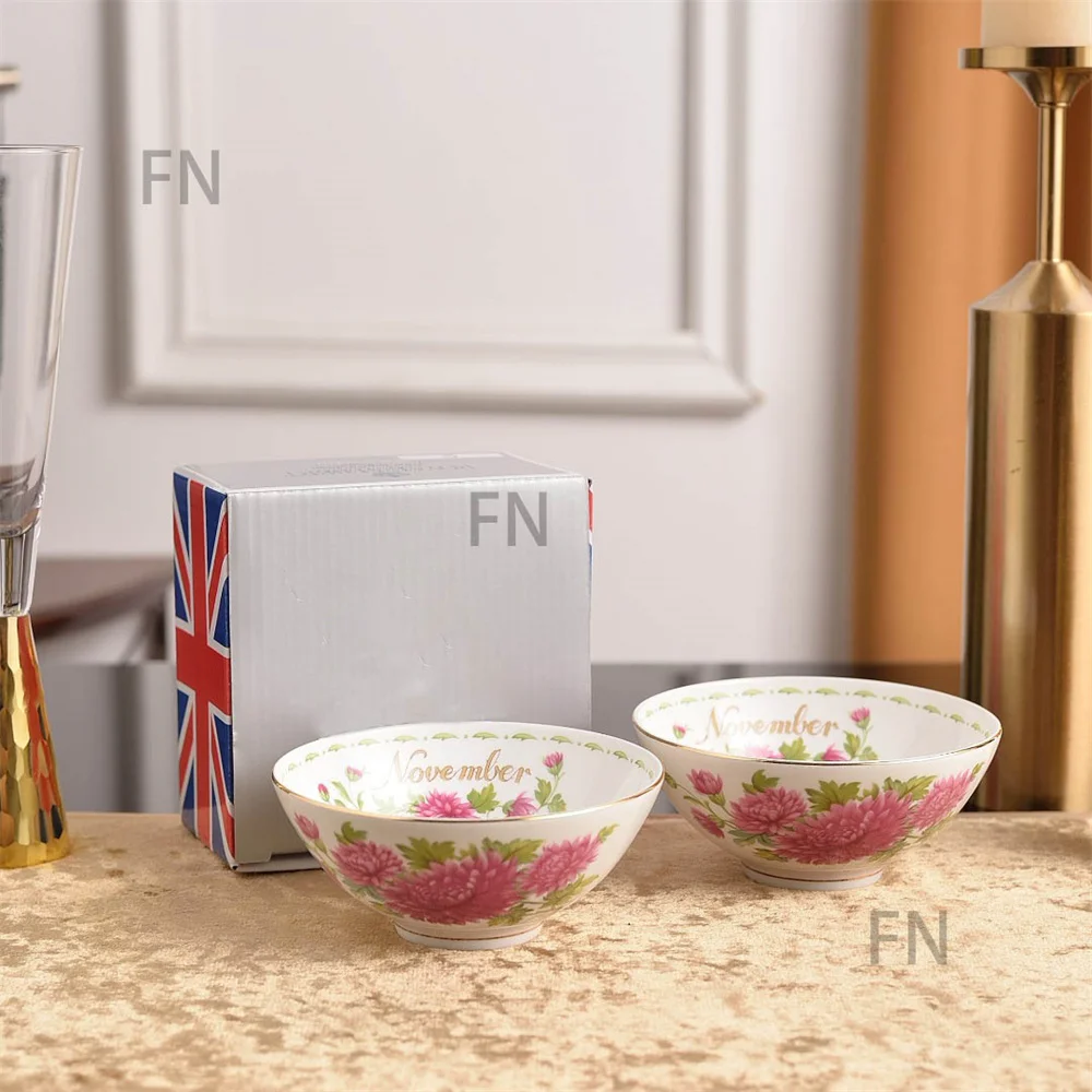 European 4.5-inch Bone China 2pc Rice Bowl Set Jan-Dec Months Floral Series Ceramic Tableware Gold Rim Tableware for Home