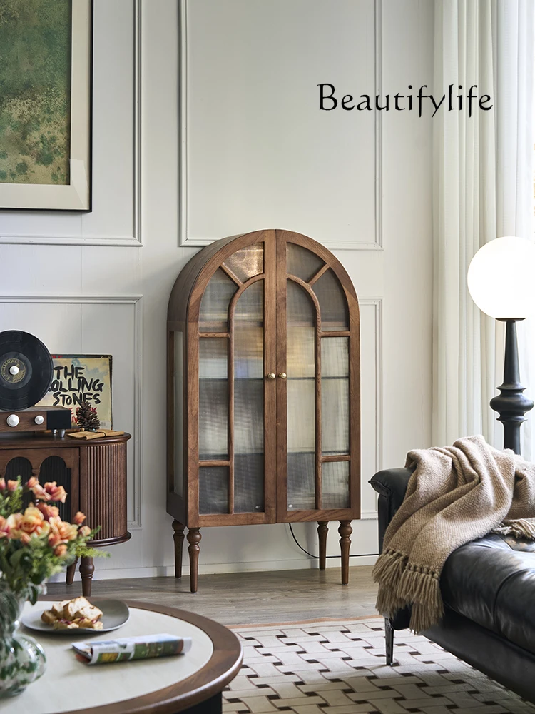 

French retro solid wood dining side cabinet living room display cabinet medieval furniture glass side cabinet designer