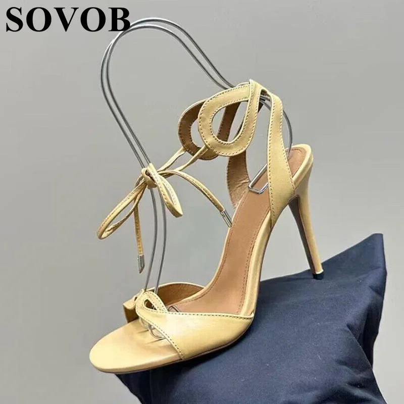 

Summer Open Toe Ankle Lace up Genuine Leather High Heels Women's Solid Shallow Mouth Slim Heel Sandals Party Banquet Dress Shoes