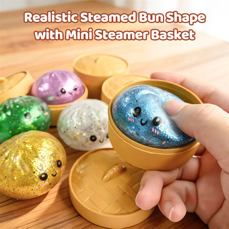 Glitter Steamed Bun Squeeze Toy with Steamer Sparkly Bead Bao Stress Relief Fidget Ball Soft Sensory Toy for Anxiety Desk Decor
