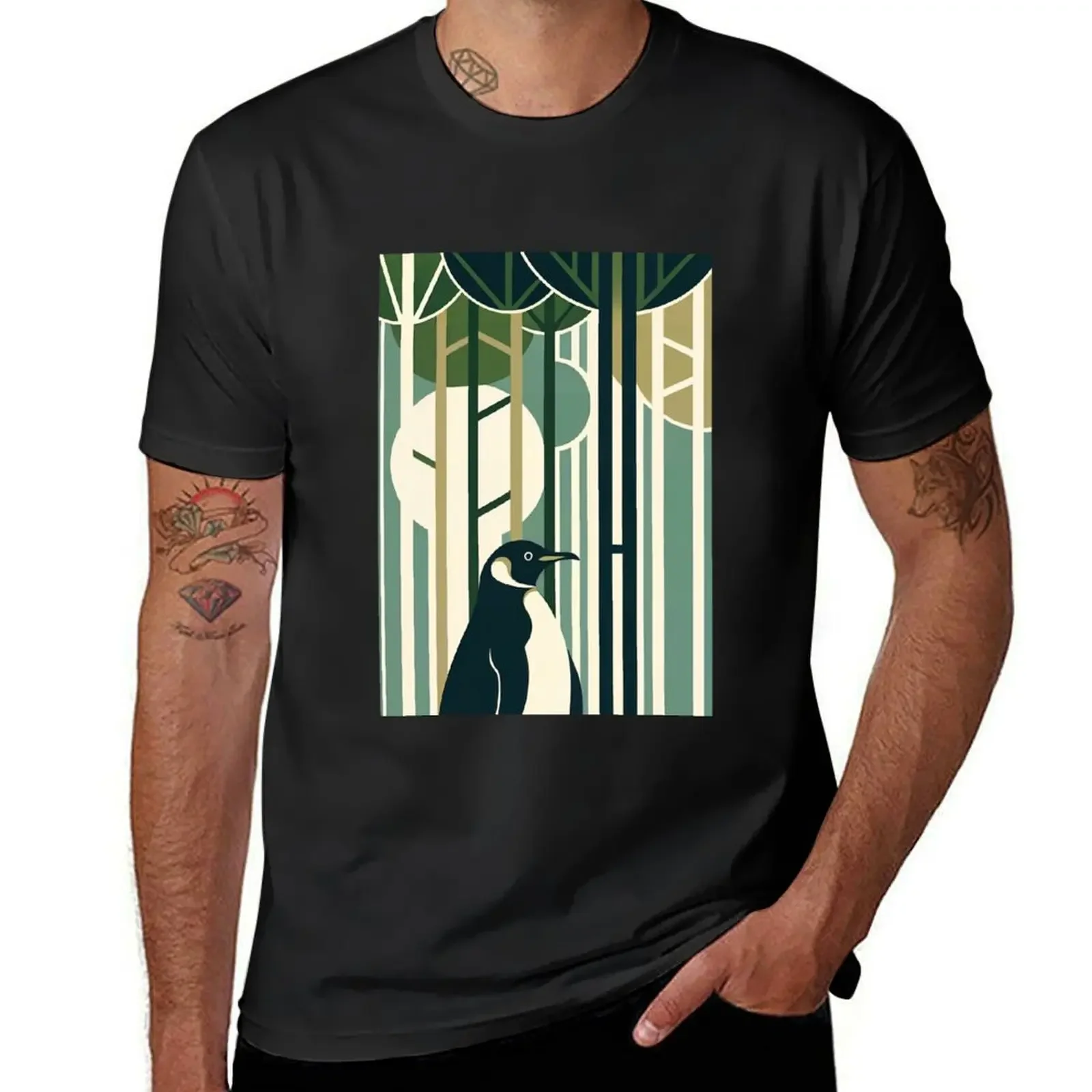 

Olive Green Cream Penguin In Retro Vintage 60s 70s Illustration Forest T-Shirt plain quick drying t shirts men