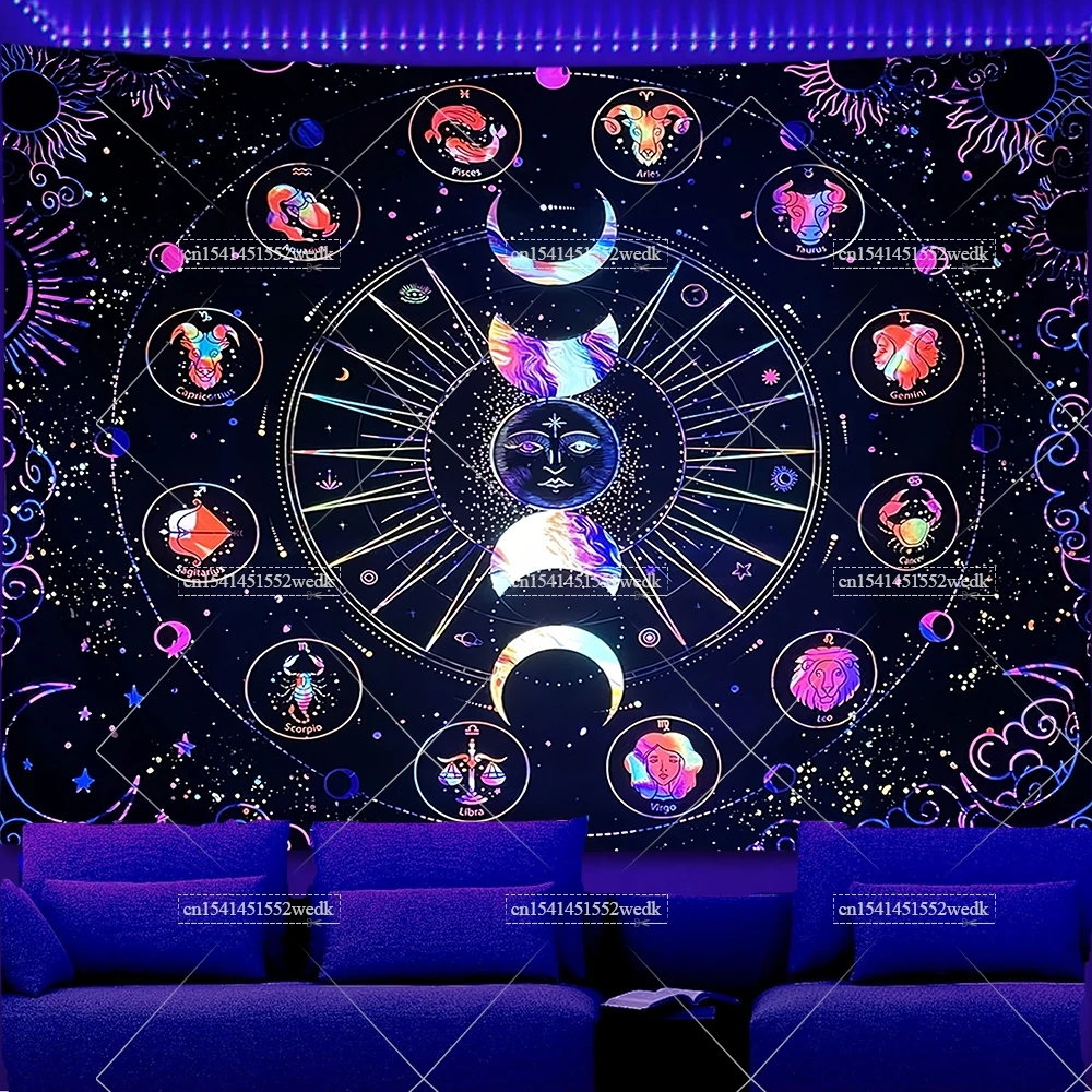 Blacklight زودياك علم التنجيم نسيج الأشعة فوق البنفسجية رد الفعل ستار كوكبة توهج في الظلام نسيج الجمالية النيون التارو المفروشات