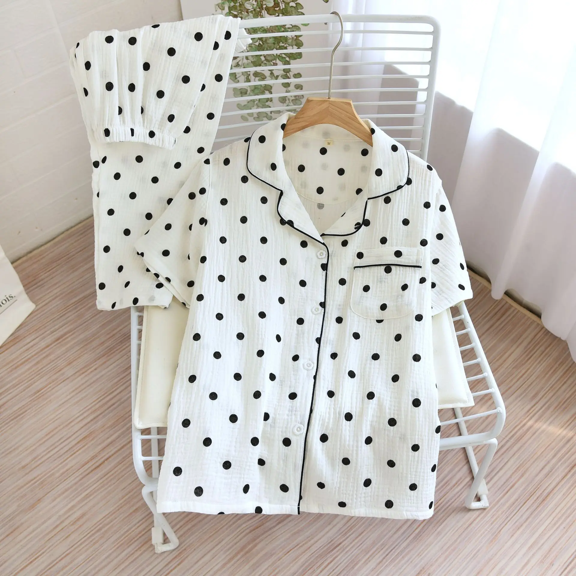 

Women's Crepe Pajama Set Short Sleeve Loose Pants Loungewear Polka Dot Style Cotton Casual Loose Home Clothing Two Piece Sets