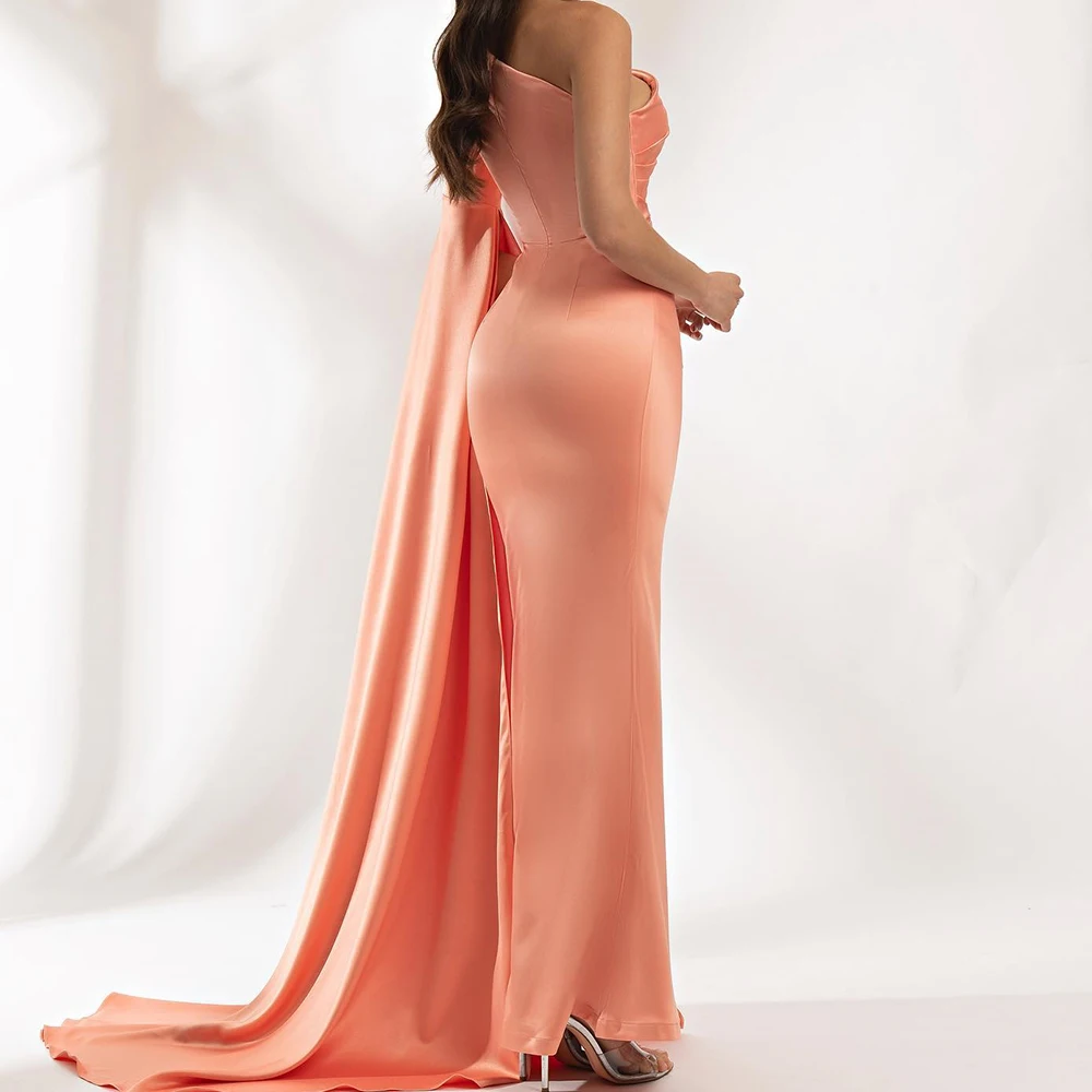 Customized Delicate Satin Mermaid One Shoulder Evening Dress Half Sleeves Floor Length Panel Train Bespoke Occasion Gowns