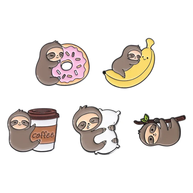 Broche de perezoso perezoso, alfileres esmaltados, perezoso de dibujos animados, café, Donut, broches de plátano, mochila decorativa, insignia de solapa, regalo de joyería Animal