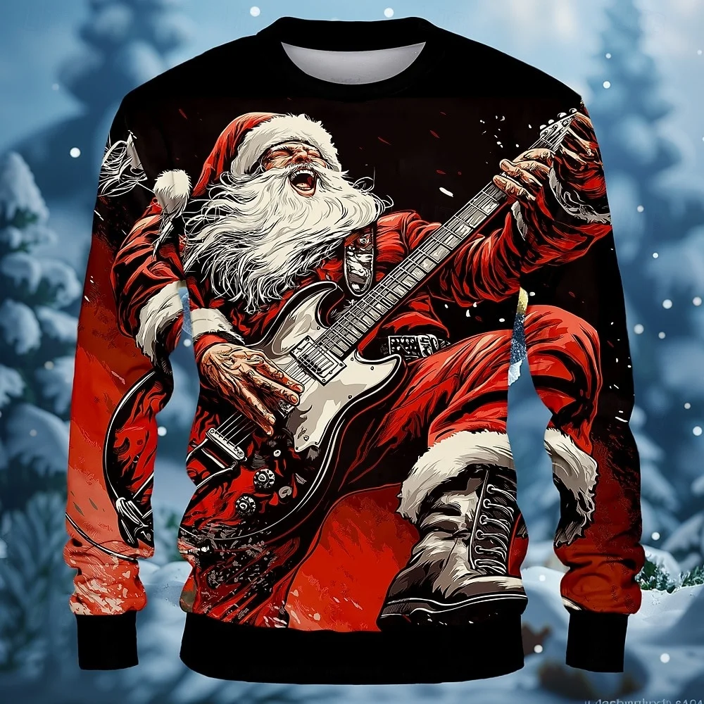 Santa Claus Music 3D Print Sweatshirt for Men Funny Christmas Pattern Long Sleeve Crew Neck Cool Street Style Holiday Tracksuit