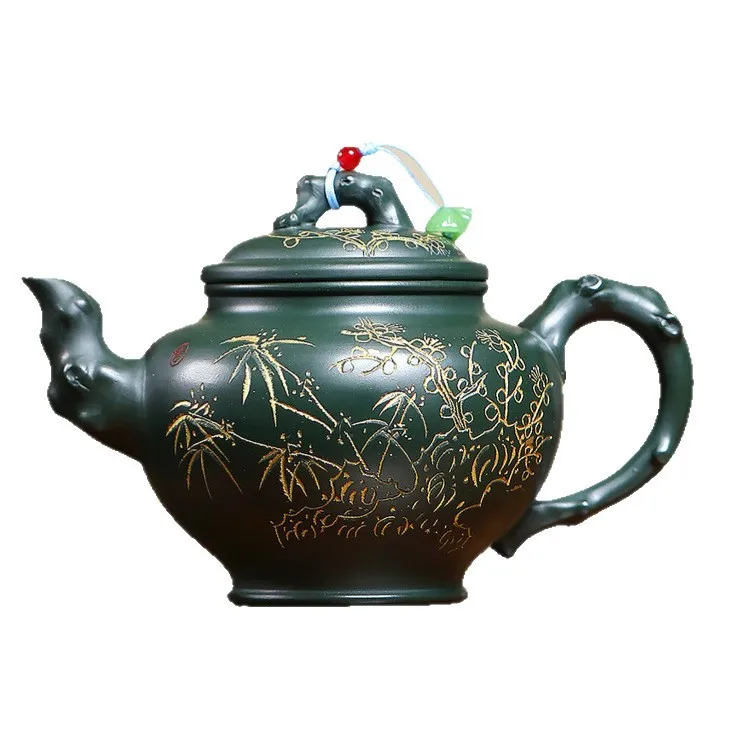Teapot Wholesale Yixing Zisha Pot Handmade Raw Ore Green Mud Engraved Golden Thread Primrose Pot Teapot Tea Set
