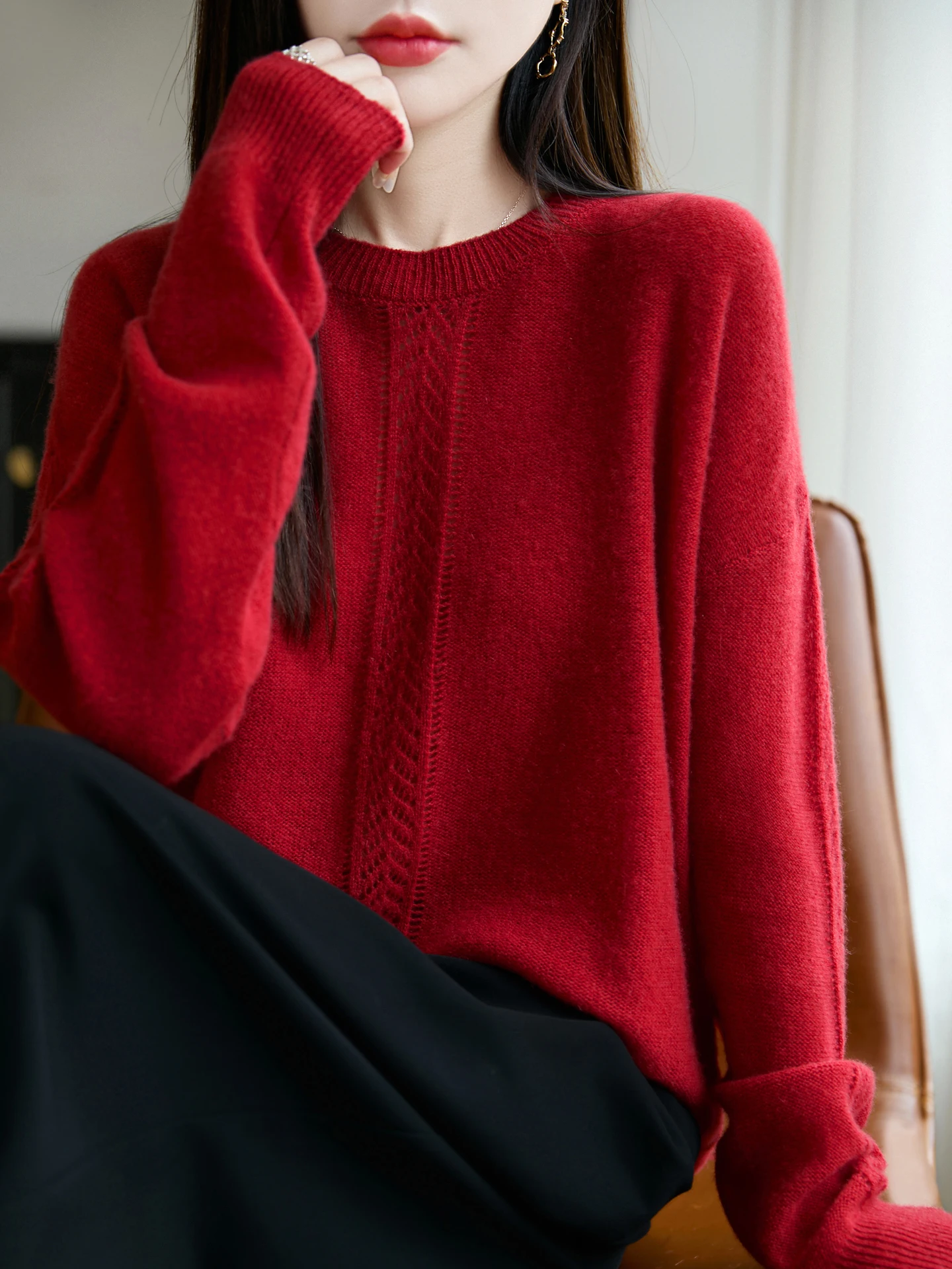 Autunno Inverno Donna Girocollo 100% Lana Merino 7 Aghi Caldo Addensato Singolo Ptrato Verticale Hollow Texture Pullover Maglione