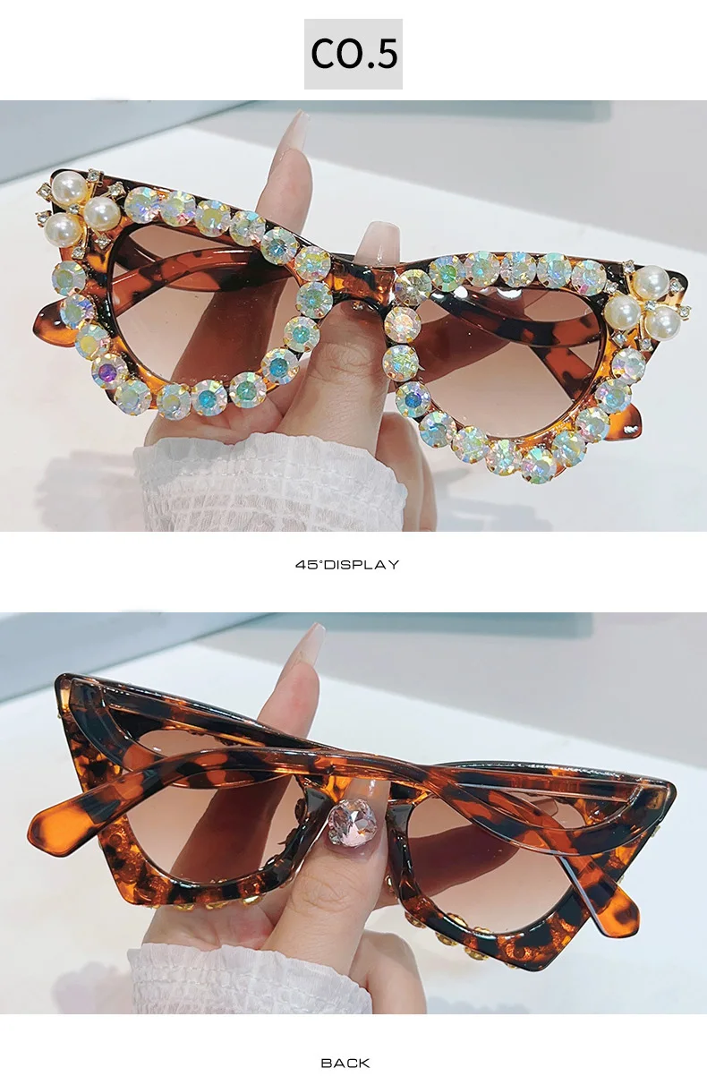 Glänzende Diamanten Cat Eye Sonnenbrille Frauen Luxus Perle Trends Punk Sonnenbrille weibliche Schatten UV400 Gradient Strass Brille – Detail 10