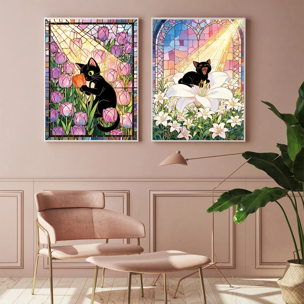 5D Colored Glass Art Black Cat Flower Diamond-encrusted Painting Set Cross-stitch Wall Decoration Handmade Home Art Gift