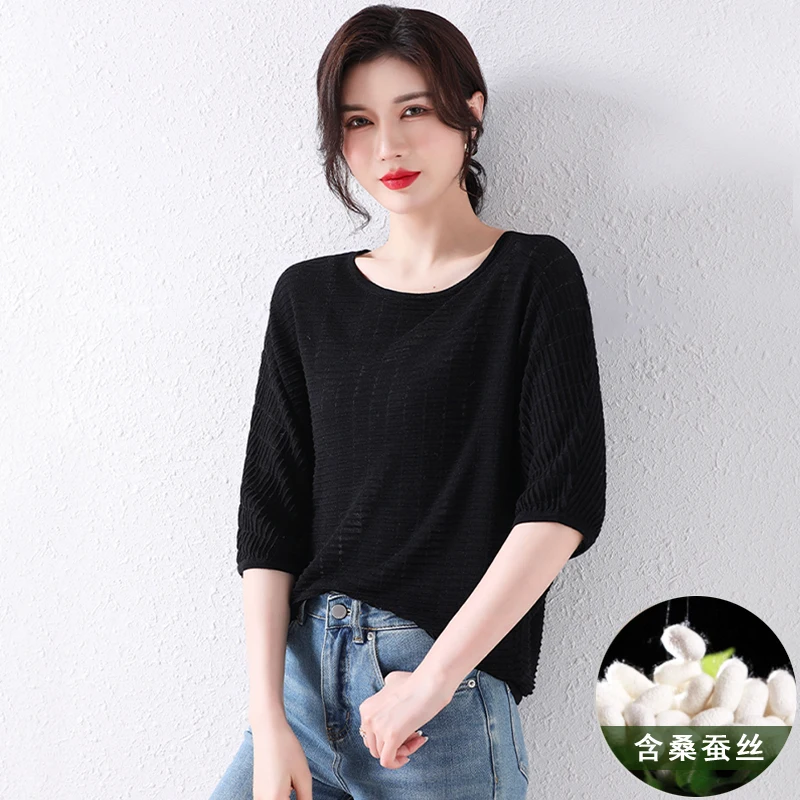 Top Quality Women's Mulberry Silk Knitwear Summer Fashion Batwing Sleeve Sweater Blouse Lady Hollow Out Knit Tee Tops