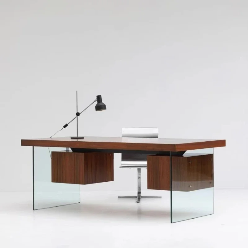 

Medieval style desk glass retro designer walnut color desk wabi sand wind minimalist modern simple high-end