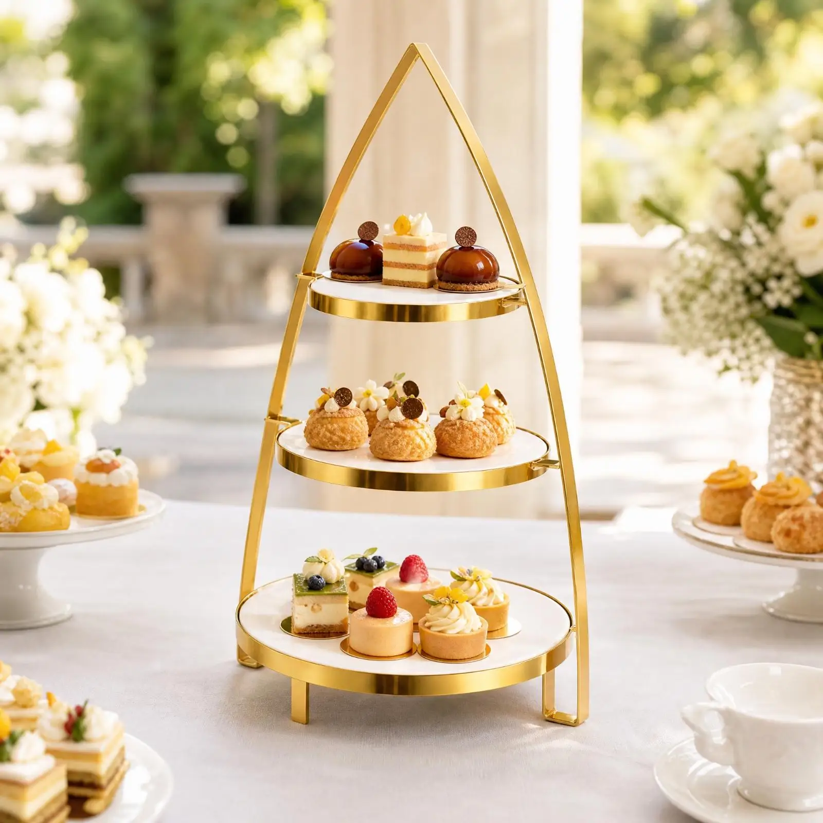 Elegant 2 Tier Ceramic Cake Stand Gold Metal Pastry Display Rack for Afternoon Tea Birthday Party Dessert Table Decoration