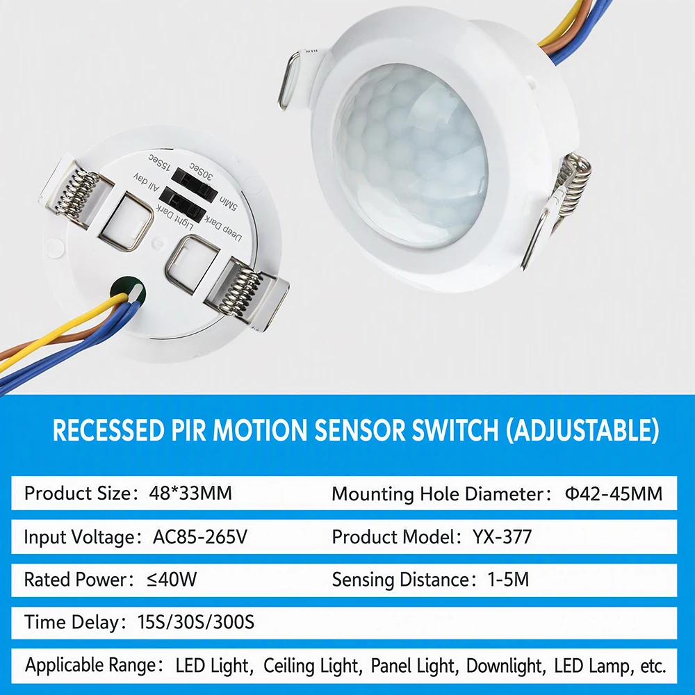 AC 85-265V Recessed Human Motion Sensor Switch Infrared PIR Sensor with Adjustable Time Delay, Dimming, and Light-Level Control