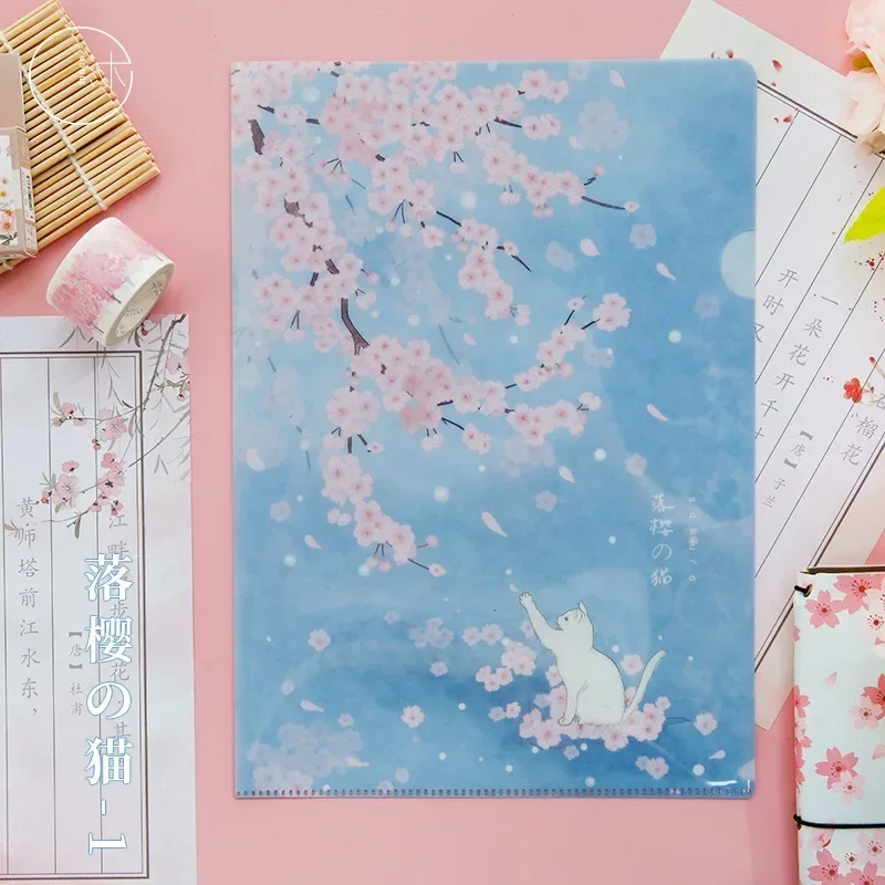 Carpeta de archivos de diseño creativo para estudiantes, lindo Anime, cereza, gatito, papel de prueba, álbum de recortes, pegatinas, carpetas,