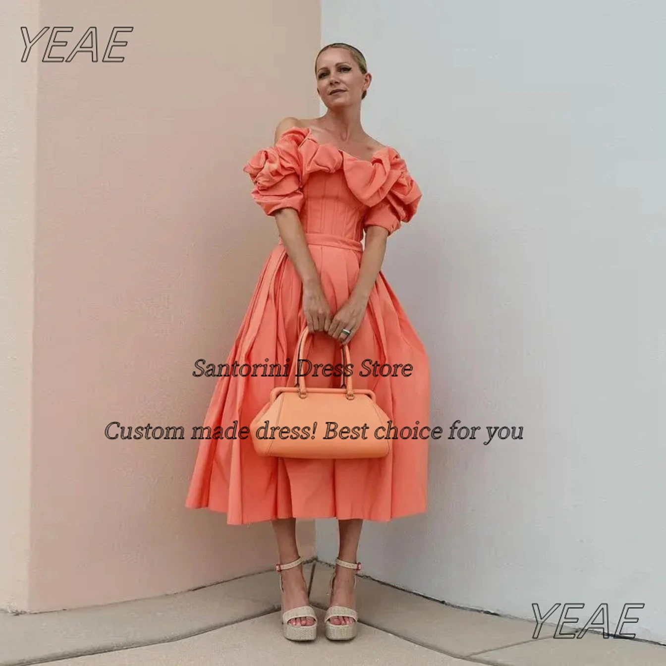 سانتوريني Ruched قبالة الكتف فساتين حفلة موسيقية قصيرة الأكمام مناسبة خاصة فستان الشاي طول فساتين الحفلات المسائية حسب الطلب #1