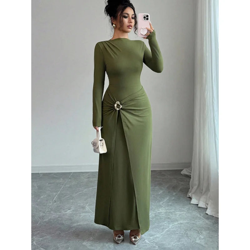 Elegante Bodycon Maxikleider mit Langen Ärmeln, Rundhalsausschnitt, Metallschnalle an der Taille, Gerafftem Design und Hohem Schlitz für Abendveranstaltungen
