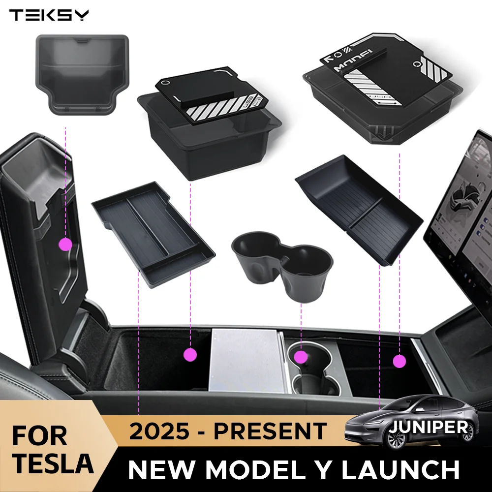 

Console & Armrest Storage Box For Tesla New Model Y 2025 Juniper Launch ABS with Silicone Non-slip Mat Upper and Lower Watercup